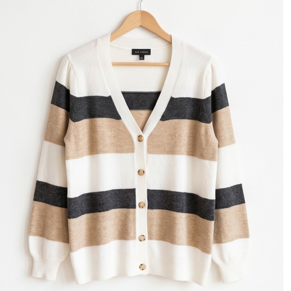 Lane Bryant 18/20 Striped Button Front V-Neck Cardigan Sweater‎ White Tan